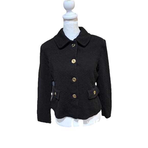 St. John Short Black Blazer Gold St. John Buttons Faux Pockets Size M ( Runs Sm) - Picture 1 of 9